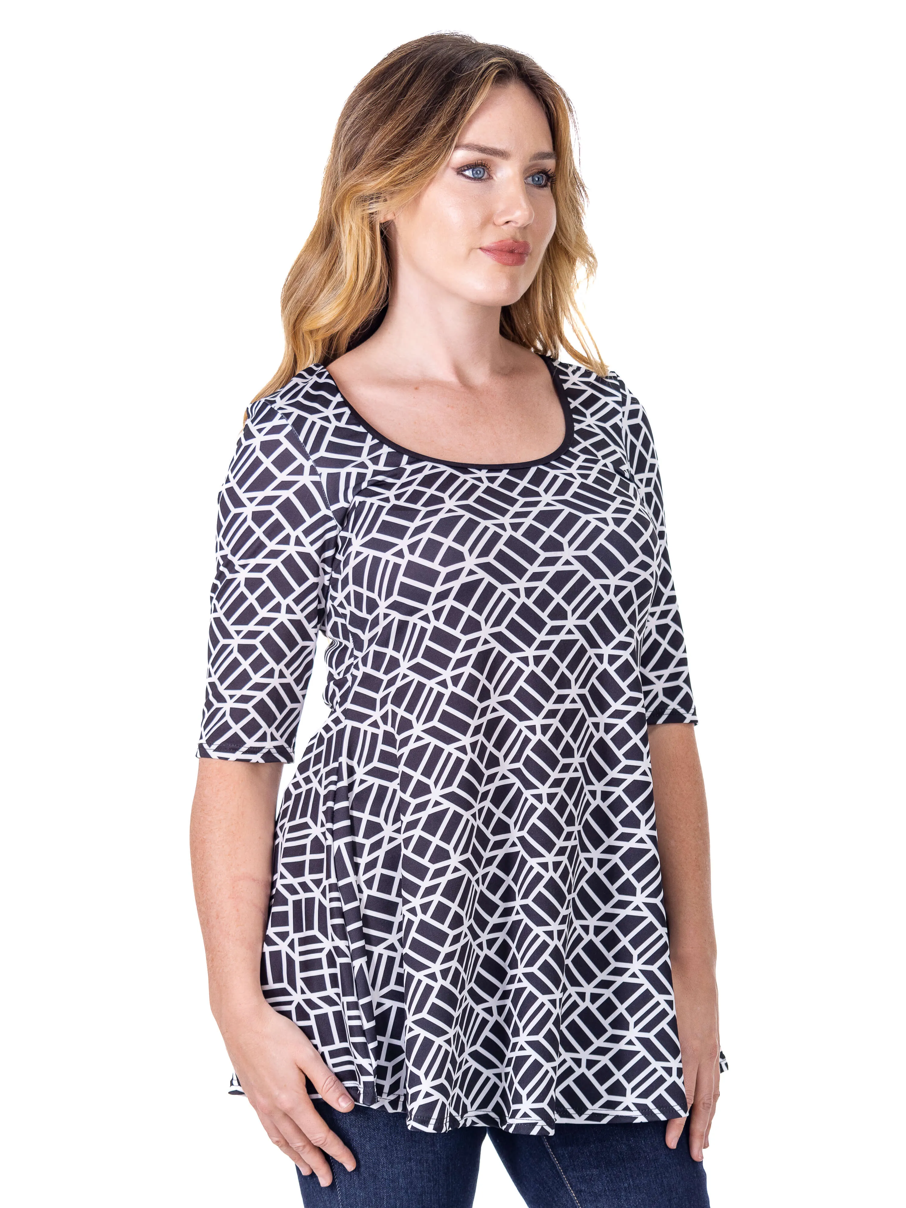 Womens Black Geometric Print Elbow Sleeve Casual Tunic Top