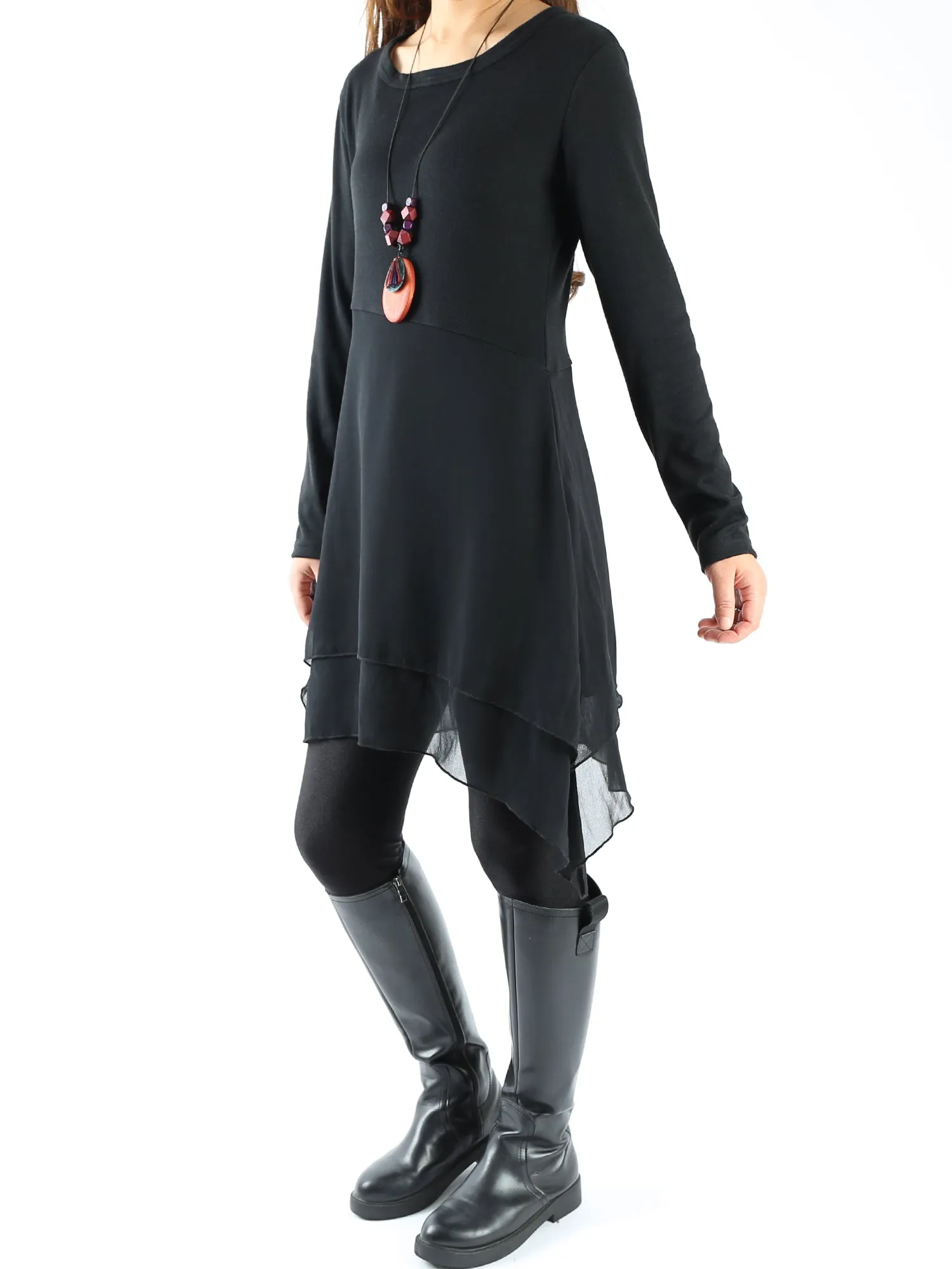 Women's cotton and chiffon tunic dress/asymmetrical dress/plus size tunic top/oversized t-shirt/casual t-shirt/customized blouse/black grey top (Q1508)