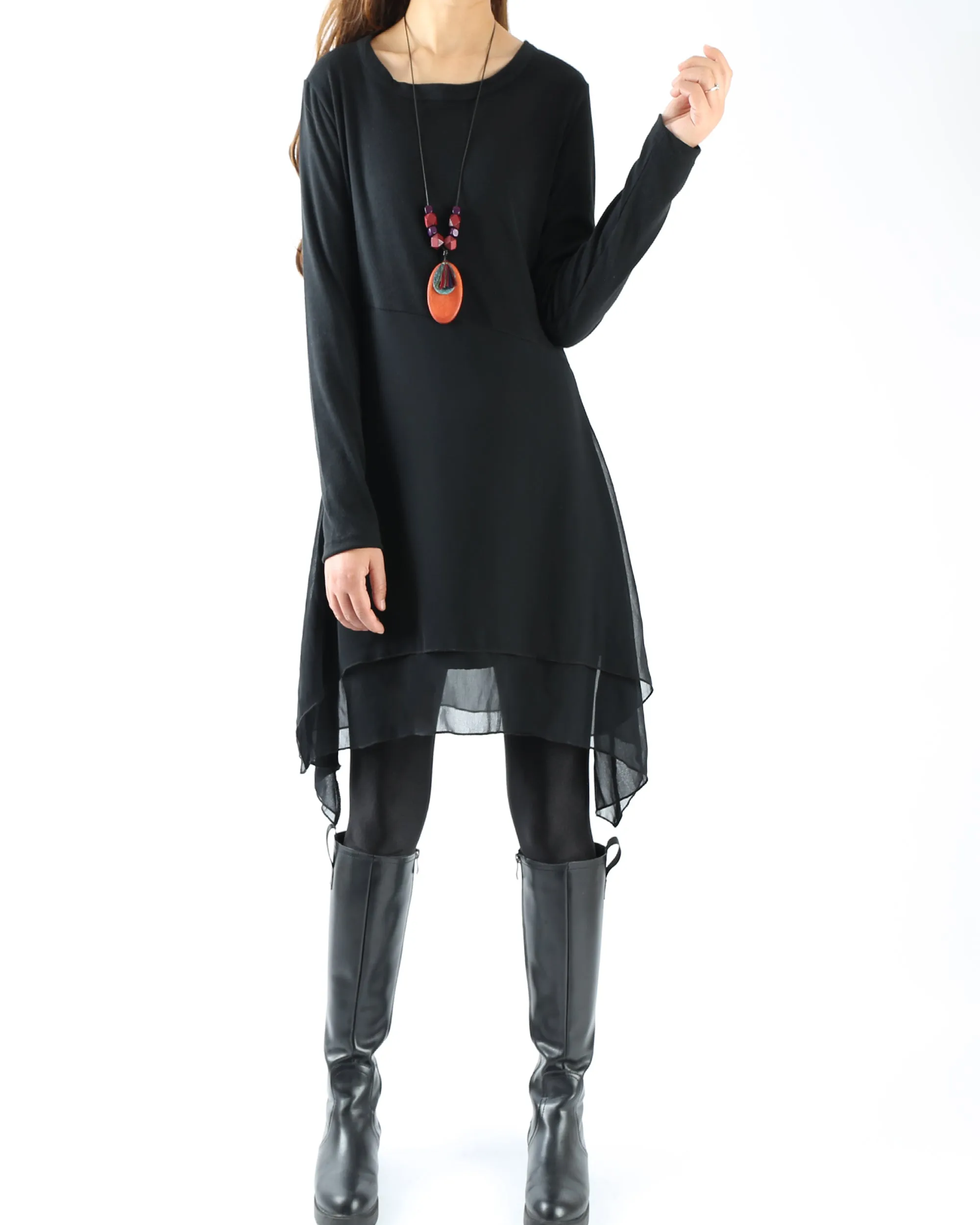 Women's cotton and chiffon tunic dress/asymmetrical dress/plus size tunic top/oversized t-shirt/casual t-shirt/customized blouse/black grey top (Q1508)