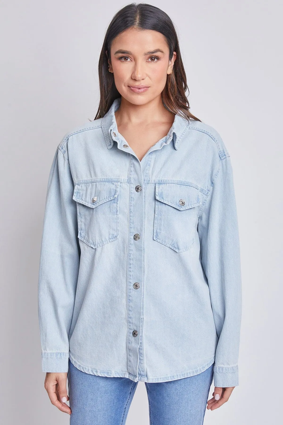 Women’s Denim Shacket with Flap Front Pockets