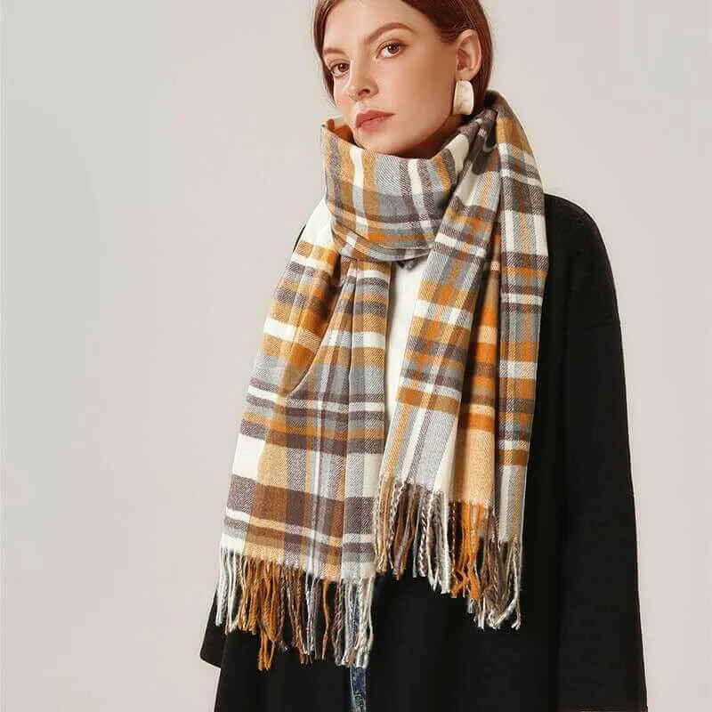 Women's Fall Winter Scarf Classic Tassel Plaid Scarf Warm Tartan Wrap