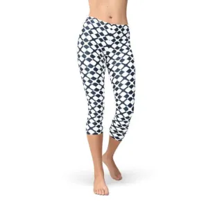 Womens Geometric Blue Tile Capri Leggings