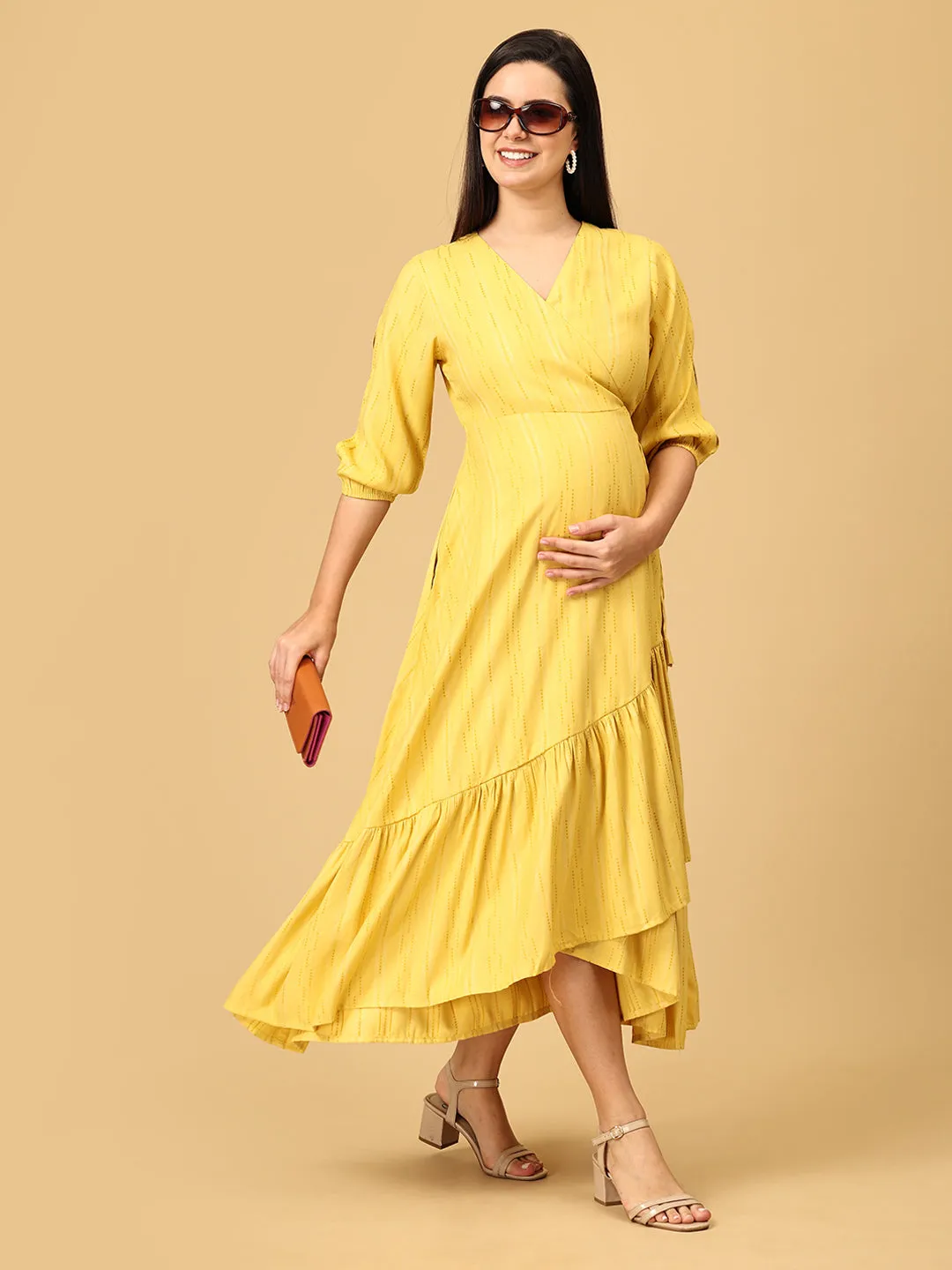 Yellow-a Go-Go Maternity Wrap Dress