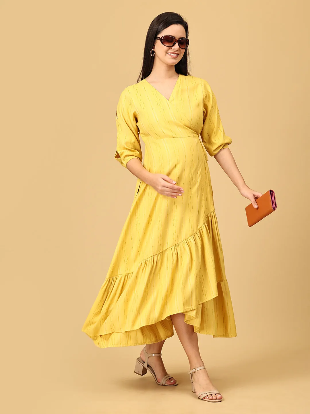 Yellow-a Go-Go Maternity Wrap Dress