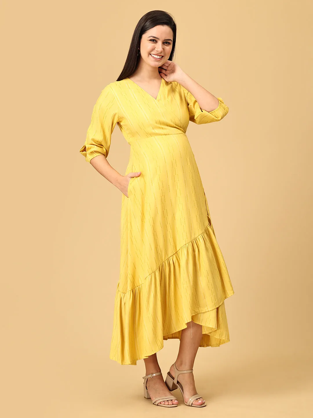 Yellow-a Go-Go Maternity Wrap Dress