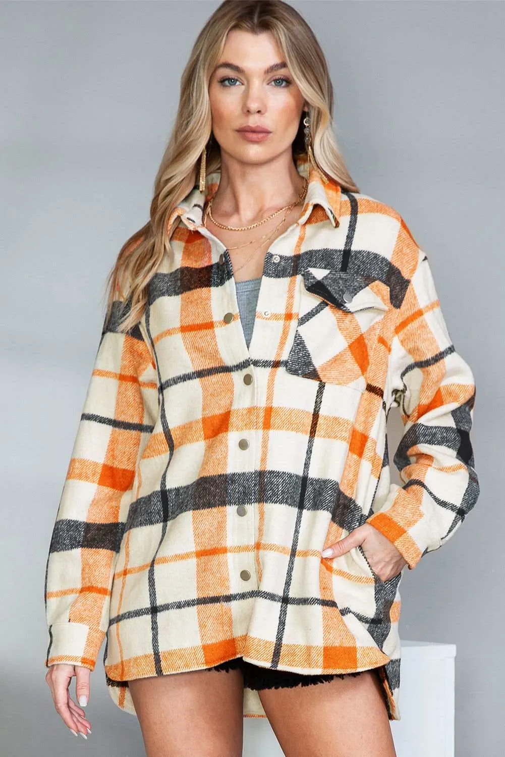 Yellow Plaid Print Turn Down Collar Buttoned Shacket