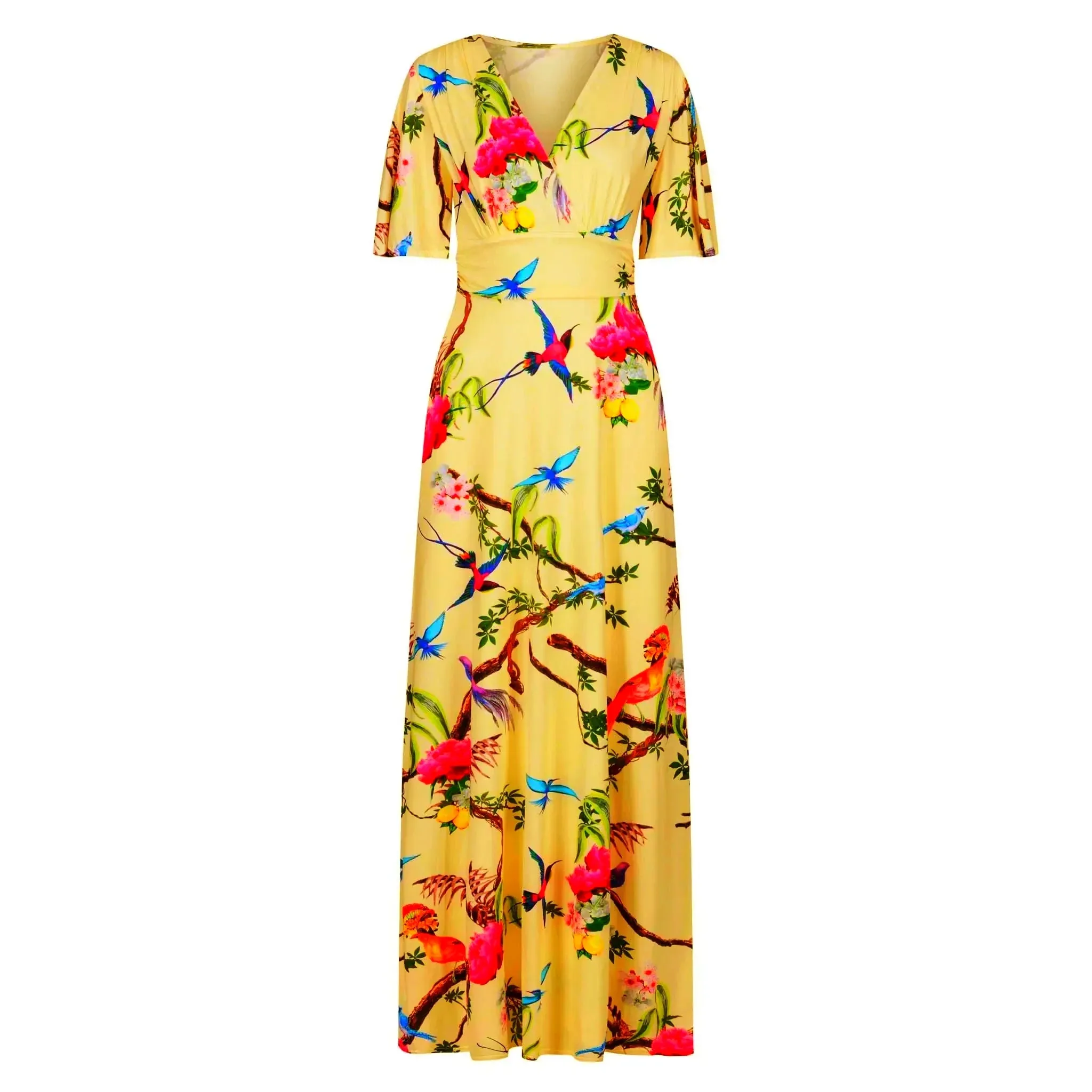 Yellow Tropical Bird & Floral Print Waterfall Sleeve Maxi Dress